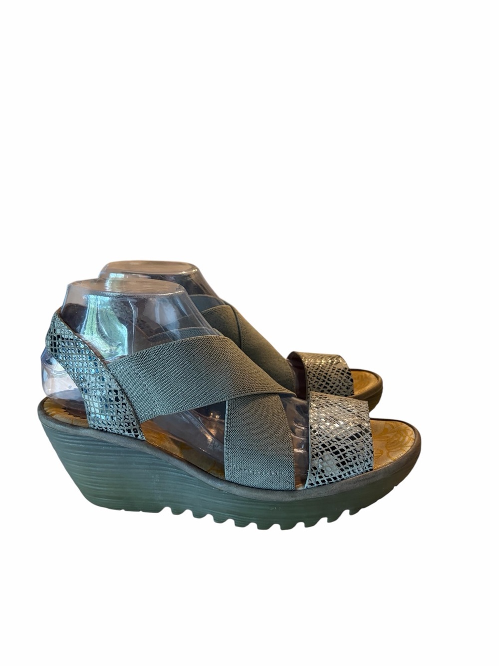 Fly London Yaji Cross Elastic Wedge Sandal Snake Print Grey EU 38 US 7.5
